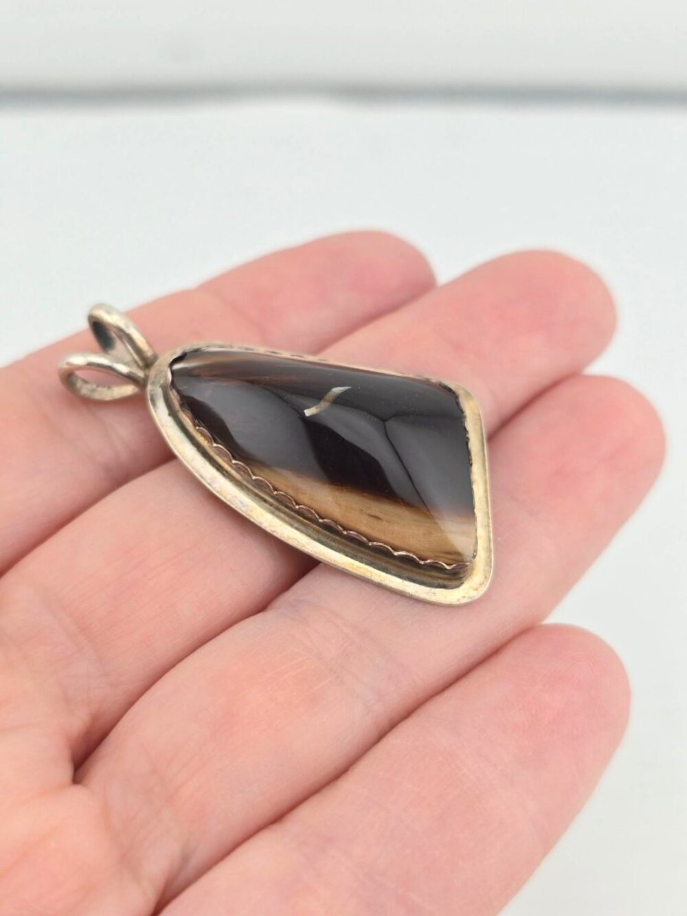 Sterling Silver & Brown Polished Stone Pendant Teardrop 1.75" - Picture 3 of 6